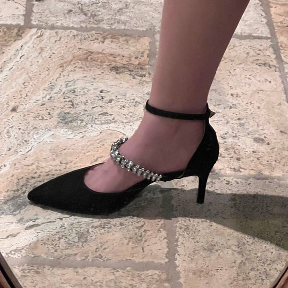 Ankle Strap Crystal Suede Heels Size 6.5 - Picture 1 of 4